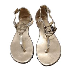 Bebe Gold Metallic Rhinestone Logo Sandals Size 9